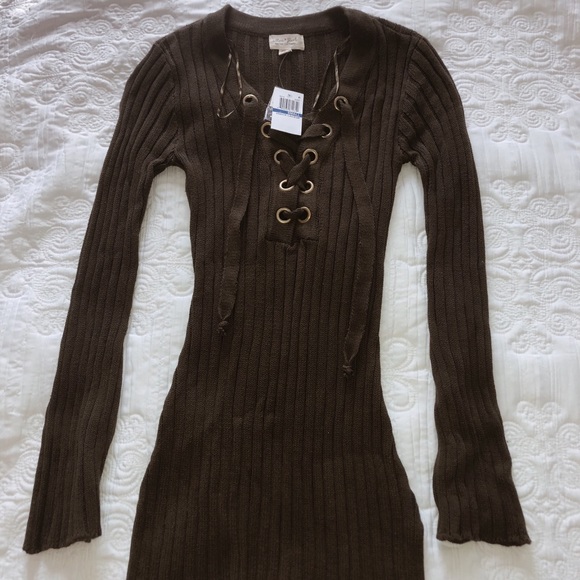 Ultra Flirt Sweaters - V-neck Lace Up Dark Green Sweater